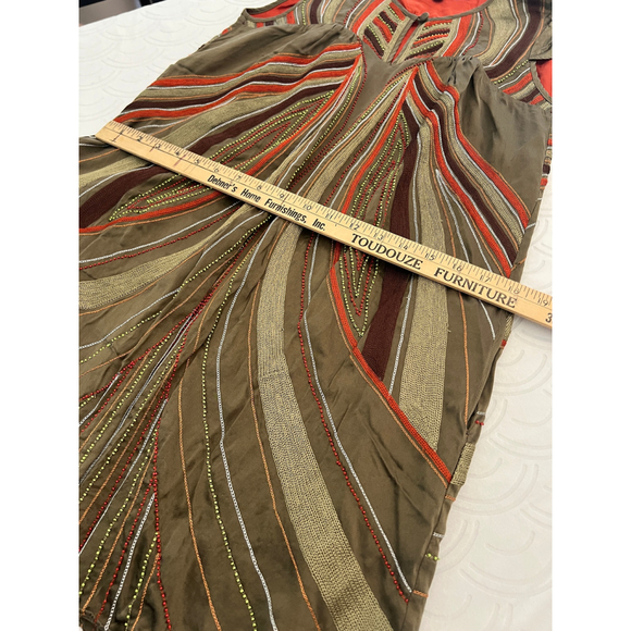 Calypso Womens XS Silk Beaded Cap Sleeve Boho Earthy Green Orange Shift Dress - Picture 12 of 12